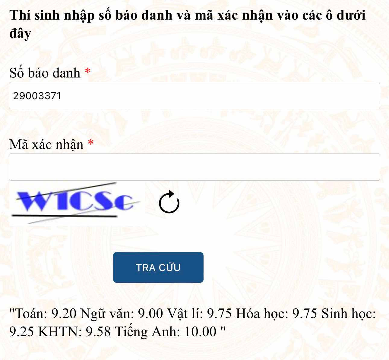Bảng điểm tốt nghiệp của thủ khoa tổ hợp KHTN toàn quốc.