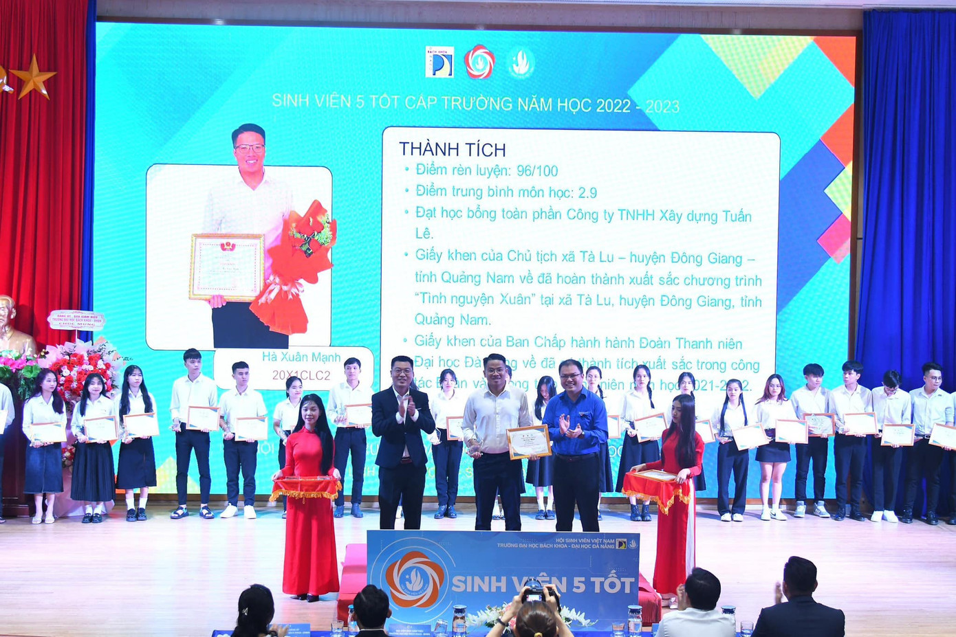 Xuân Mạnh nhận giấy khen của Hội Sinh viên trường Đại học Bách khoa - Đại học Đà Nẵng về đạt danh hiệu “Sinh viên 5 Tốt cấp trường” năm học 2022-2023. Xuân Mạnh nhận giấy khen của Hội Sinh viên trường Đại học Bách khoa - Đại học Đà Nẵng về đạt danh hiệu “Sinh viên 5 Tốt cấp trường” năm học 2022-2023.