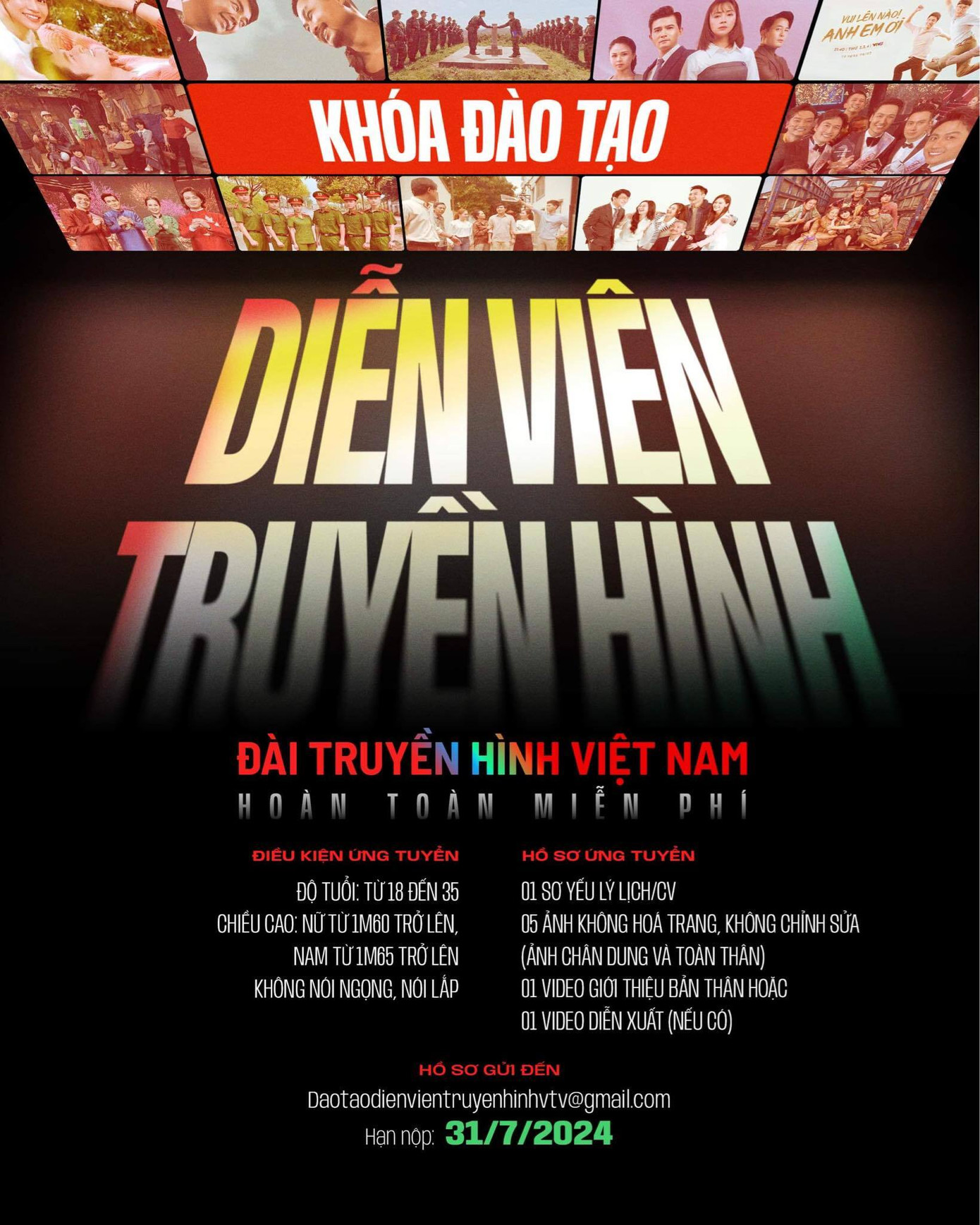 Từ tháng 8/2024, Đài Truyền hình Việt Nam (VTV) sẽ khai giảng một khóa đào tạo diễn viên truyền hình. Từ tháng 8/2024, Đài Truyền hình Việt Nam (VTV) sẽ khai giảng một khóa đào tạo diễn viên truyền hình.