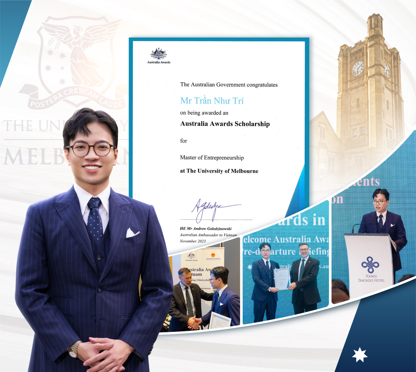 Trí nhận học bổng Thạc sĩ toàn phần chính phủ Úc (Australia Awards Scholarship).