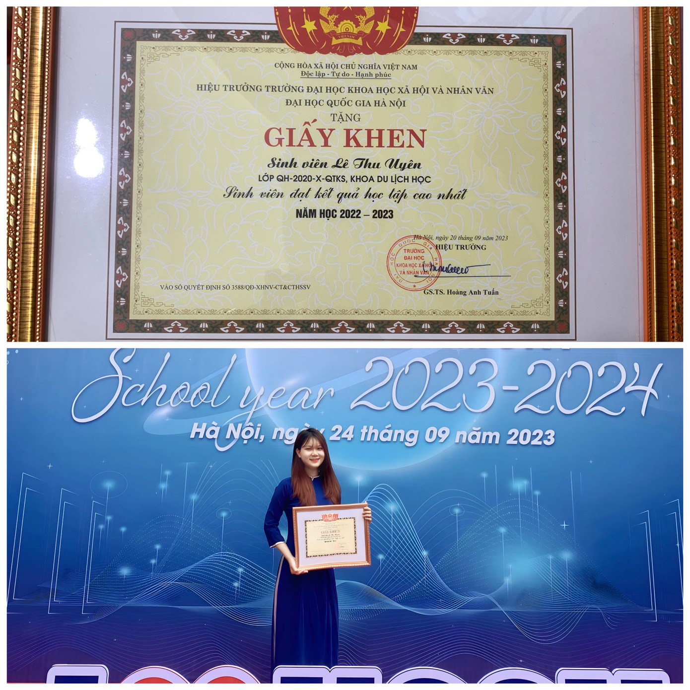 Thu Uyên nhận giấy khen sinh viên có thành tích học tập cao nhất.