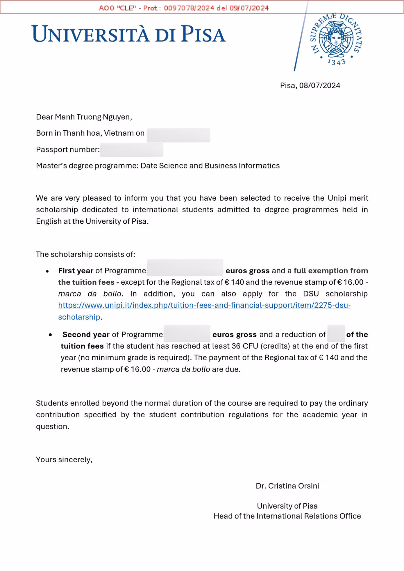 Thư thông báo trúng học bổng toàn phần tại University of Pisa.