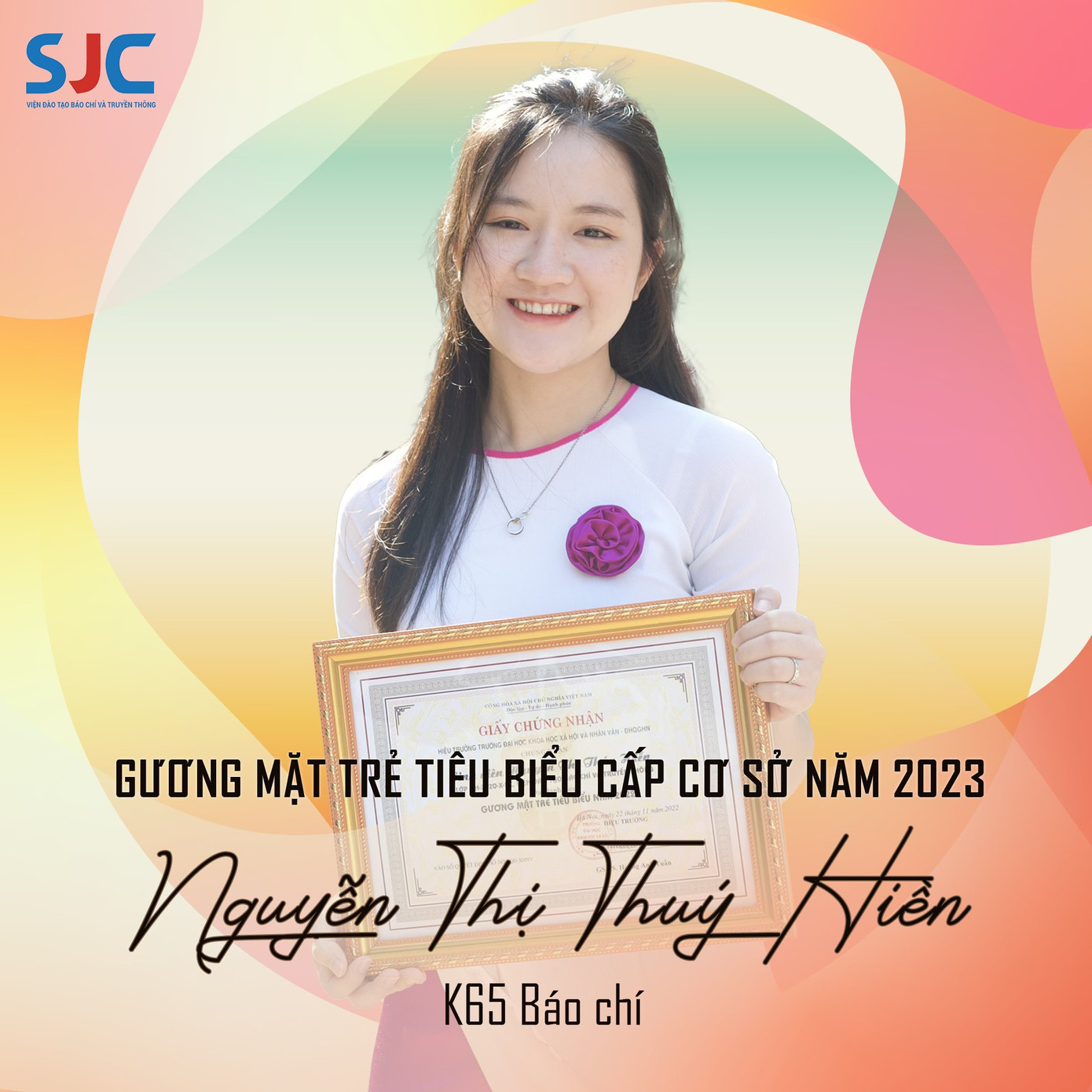 Cô nàng nhận bằng khen Gương mặt trẻ tiêu biểu cấp cơ sở 2023. Cô nàng nhận bằng khen Gương mặt trẻ tiêu biểu cấp cơ sở 2023.