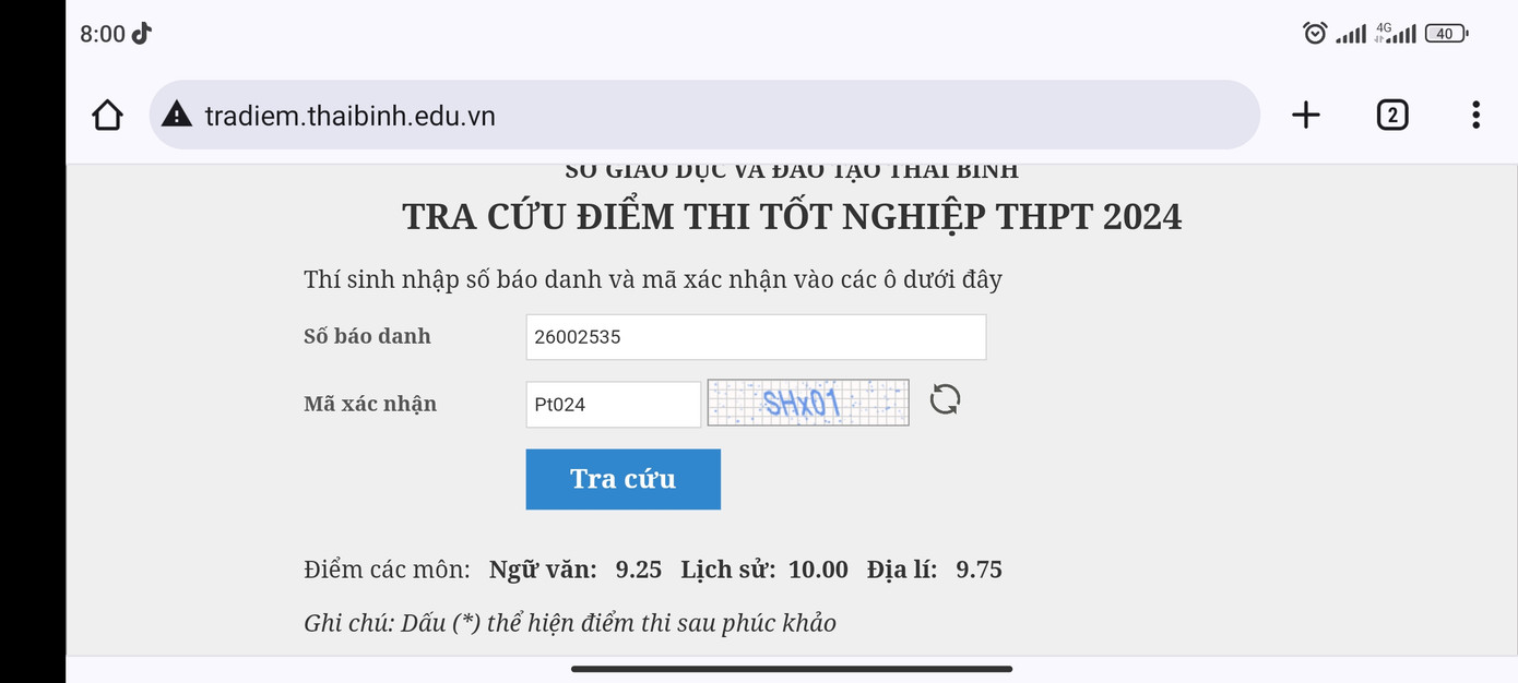 Điểm thi của chàng trai trẻ Vũ Hữu Bình.