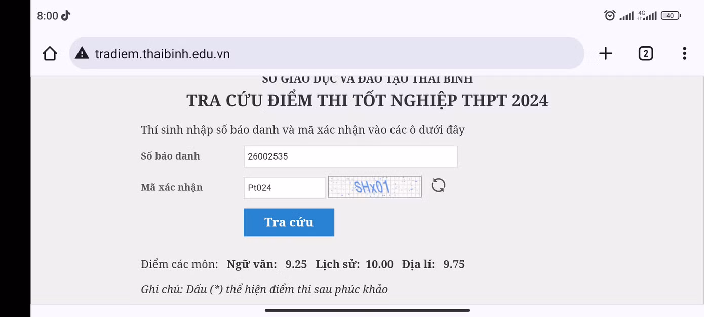Điểm thi của chàng trai trẻ Vũ Hữu Bình.