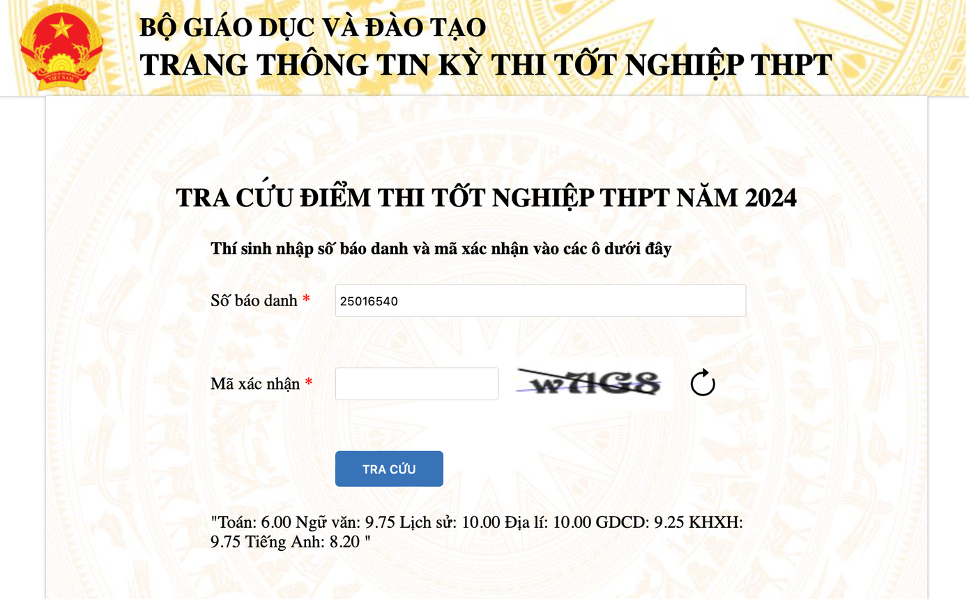 Bảng điểm các môn thi THPT Quốc gia 2024 của Phạm Thị Trà My