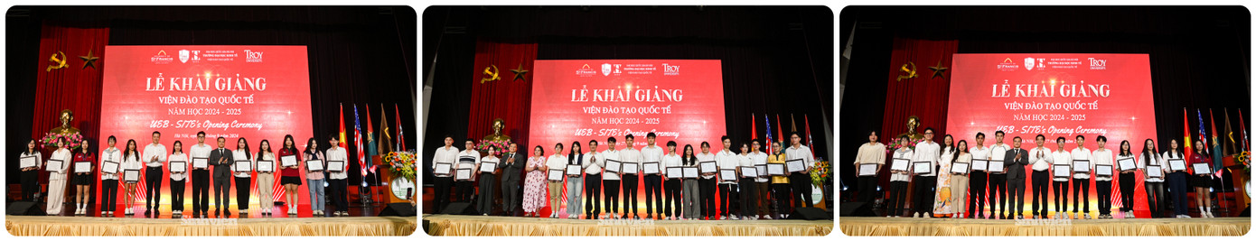 Phó Hiệu trưởng nhà trường - TS Phạm Minh Tuấn và TS Hoàng Khắc Lịch trao học bổng cho các sinh viên BSBA Troy và BBA USF có thành tích xuất sắc trong học tập.