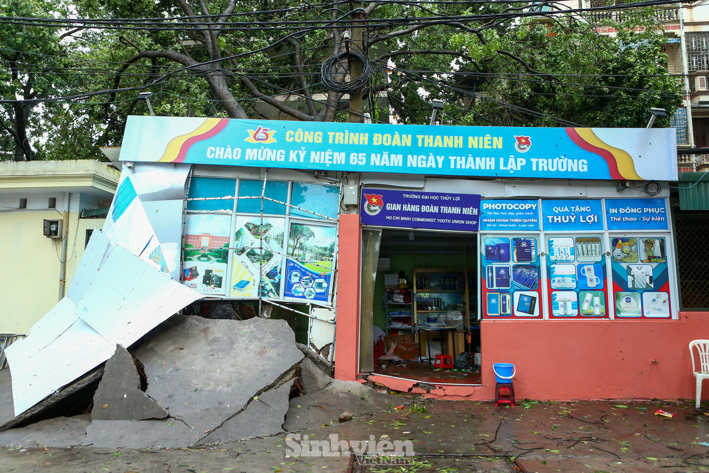 Công trình Đoàn Thanh niên của Trường Đại học Thủy Lợi bị cây xà cừ cổ thủ đè sập.