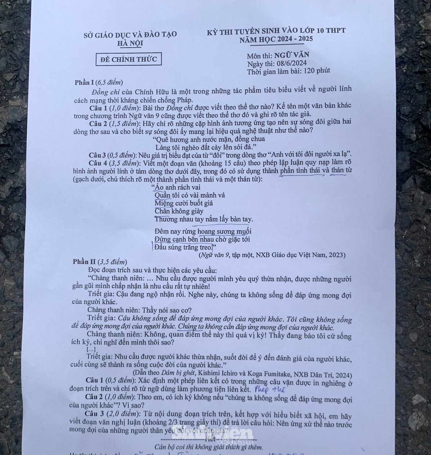 Đề thi môn Ngữ văn kỳ thi Tuyển sinh lớp 10 công lập TP. Hà Nội.