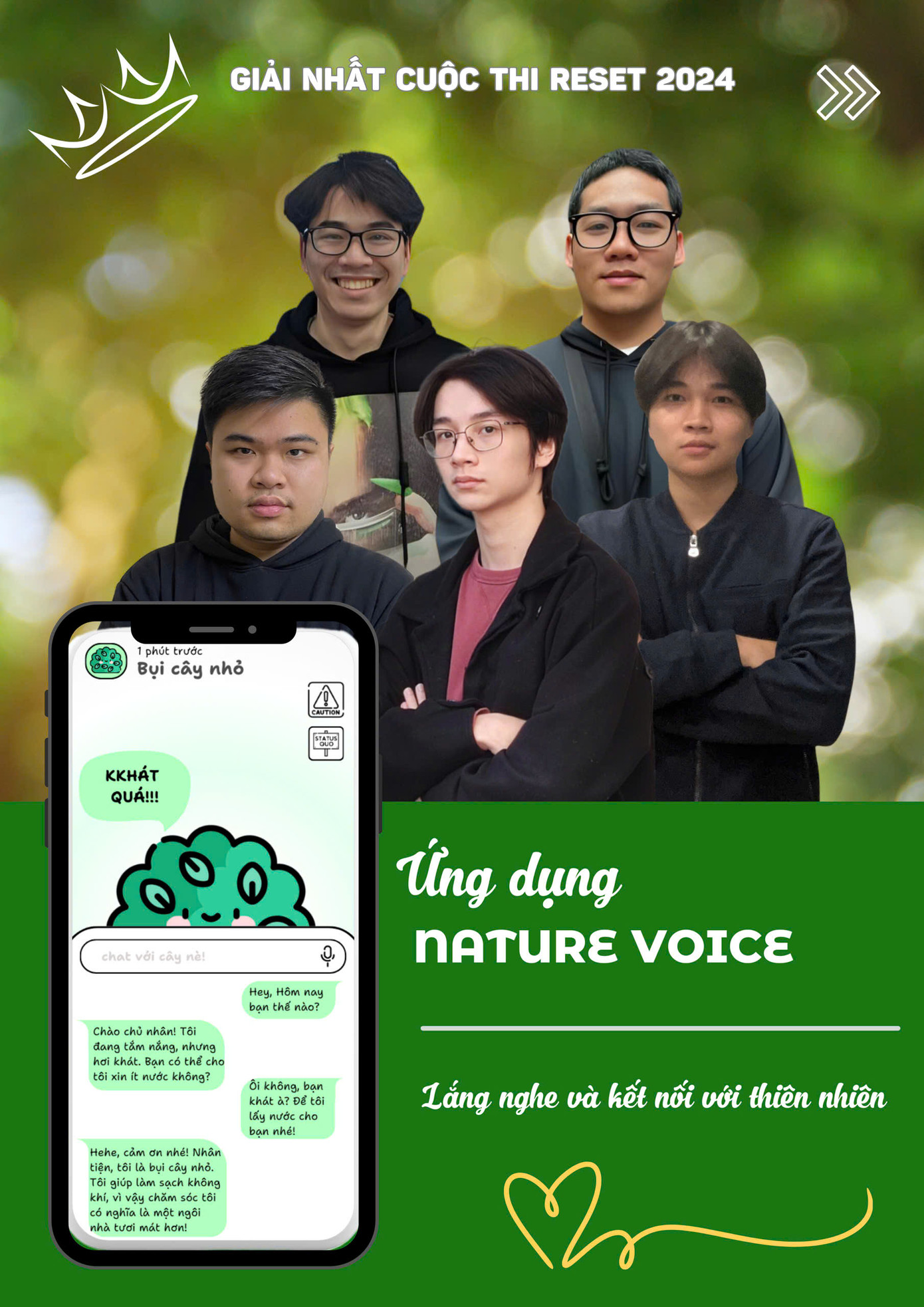 Nhóm sinh viên Trường Đại học Khoa học và Công nghệ Hà Nộivới sản phẩm ứng dụng Nature Voice đã vượt qua nhiều đối thủ sáng giá để giành giải Quán quân. Nhóm sinh viên Trường Đại học Khoa học và Công nghệ Hà Nộivới sản phẩm ứng dụng Nature Voice đã vượt qua nhiều đối thủ sáng giá để giành giải Quán quân.