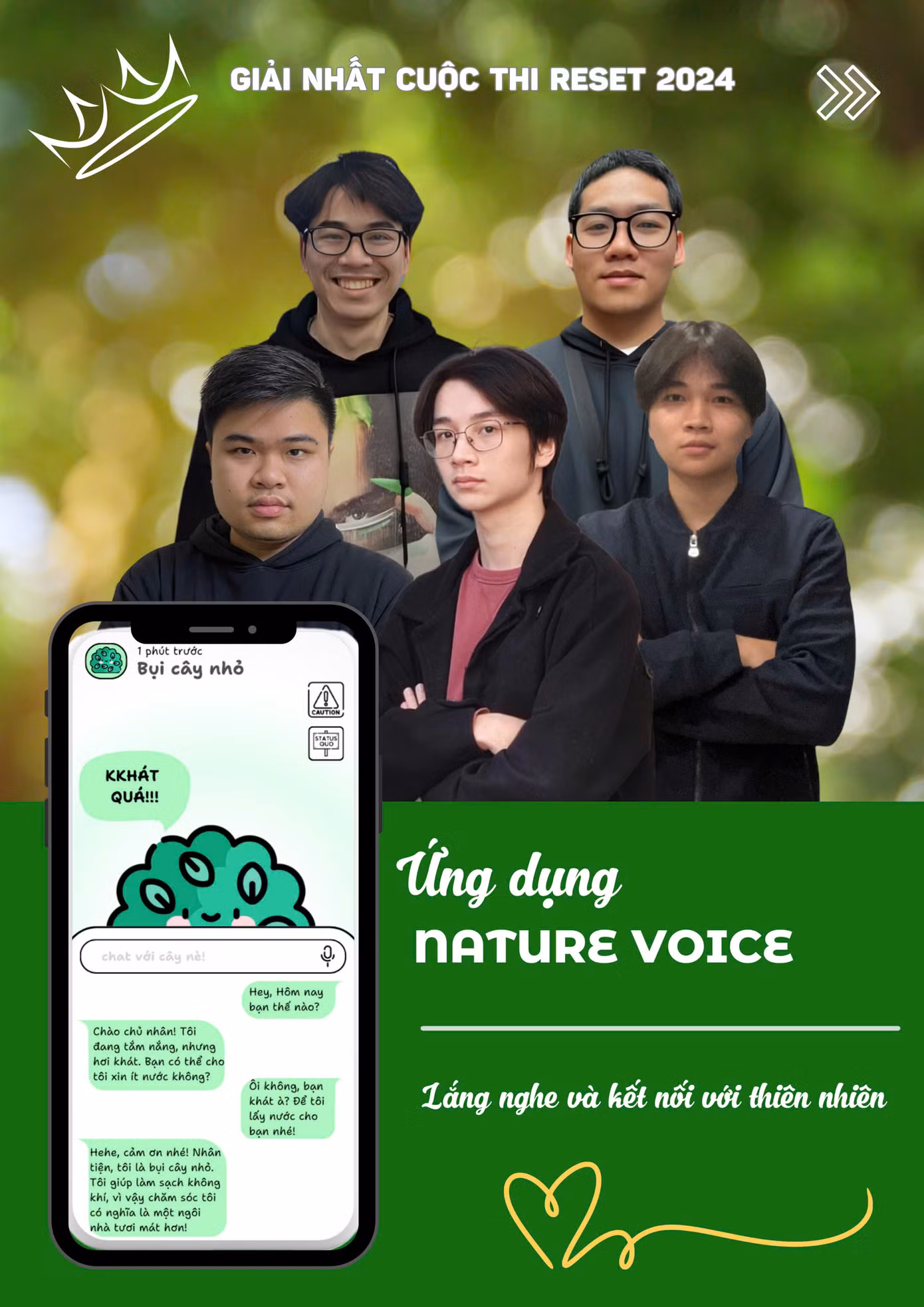 Nhóm sinh viên Trường Đại học Khoa học và Công nghệ Hà Nộivới sản phẩm ứng dụng Nature Voice đã vượt qua nhiều đối thủ sáng giá để giành giải Quán quân. Nhóm sinh viên Trường Đại học Khoa học và Công nghệ Hà Nộivới sản phẩm ứng dụng Nature Voice đã vượt qua nhiều đối thủ sáng giá để giành giải Quán quân.