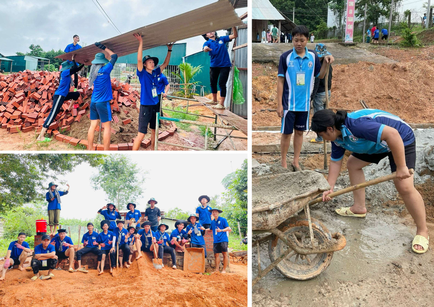 Chiến sĩ Mùa hè xanh thực hiện công trình xây nhà và hỗ trợ xây cống thoát nước giúp người dân.