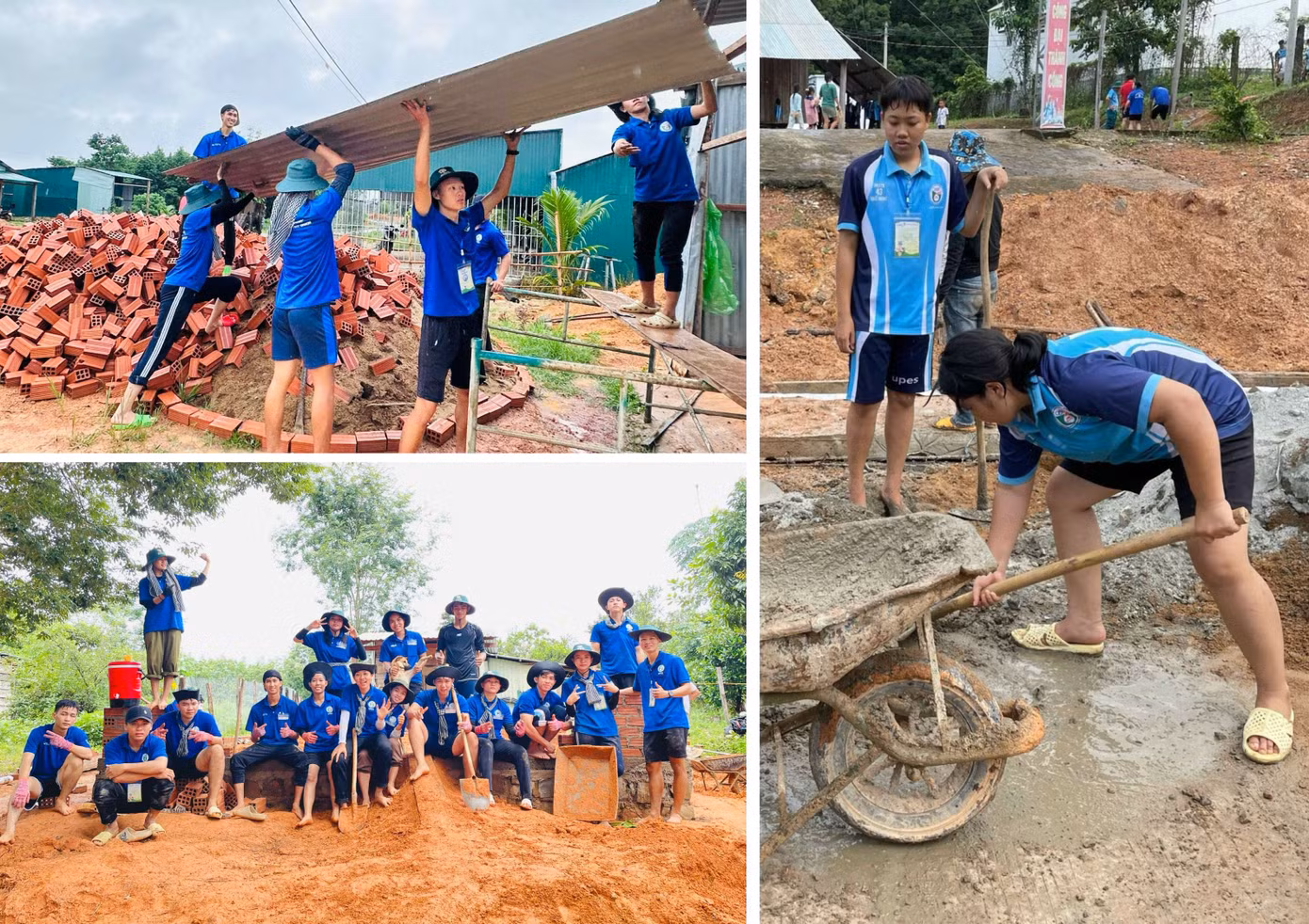 Chiến sĩ Mùa hè xanh thực hiện công trình xây nhà và hỗ trợ xây cống thoát nước giúp người dân. Chiến sĩ Mùa hè xanh thực hiện công trình xây nhà và hỗ trợ xây cống thoát nước giúp người dân.