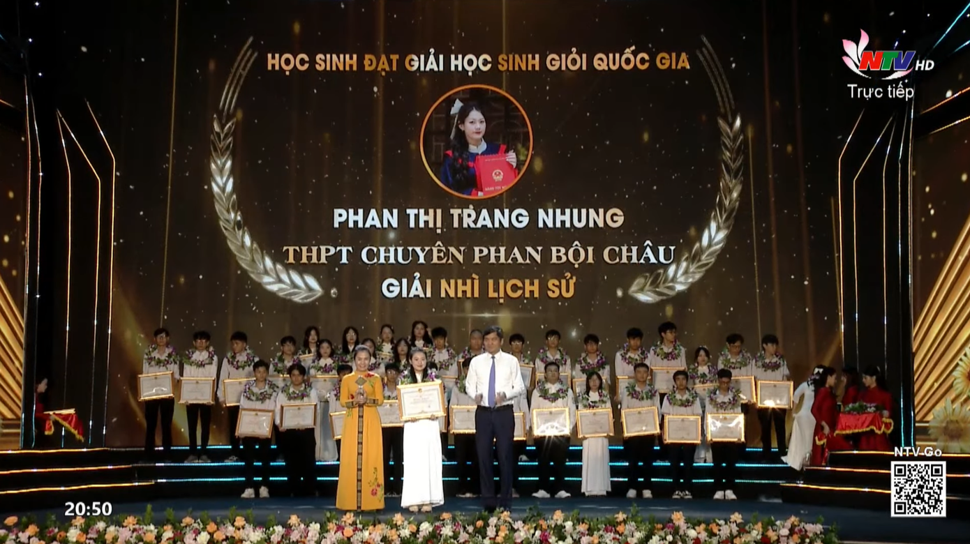 Trang Nhung là gương mặt truyền cảm hứng tại Lễ tuyên dương học sinh đạt giải quốc tế, Quốc gia và đạt điểm cao tại Kỳ thi tốt nghiệp THPT năm 2024, tỉnh Nghệ An. Trang Nhung là gương mặt truyền cảm hứng tại Lễ tuyên dương học sinh đạt giải quốc tế, Quốc gia và đạt điểm cao tại Kỳ thi tốt nghiệp THPT năm 2024, tỉnh Nghệ An.