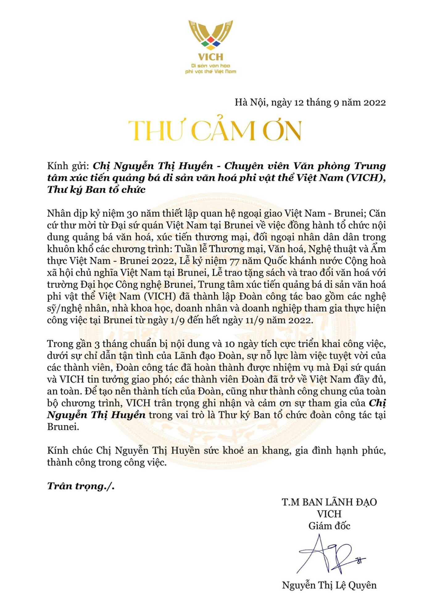 Thư cảm ơn Huyền được nhận trong Chương trình Lễ kỷ niệm 77 năm Quốc khánh Việt Nam (2/9/1945-2/9/2022) tại Bandar Seri Begawan, Brunei Darussalam.