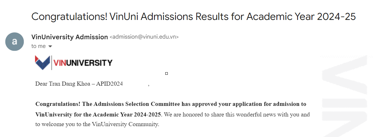 Trần Đăng Khoa trúng tuyển học bổng 100% tại trường Đại học VinUni.