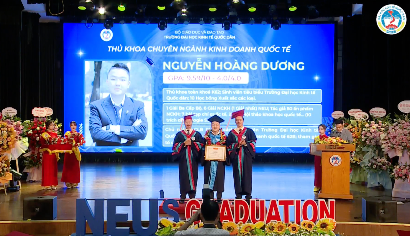 Hoàng Dương được Trường Đại học Kinh tế Quốc dân vinh danh thủ khoa tốt nghiệp toàn khoá 62. Hoàng Dương được Trường Đại học Kinh tế Quốc dân vinh danh thủ khoa tốt nghiệp toàn khoá 62.