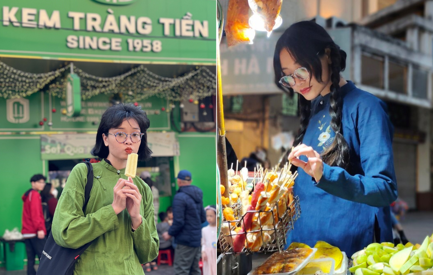 Diện áo dài đi ăn kem và xiên que trên phố Tràng Tiền. Diện áo dài đi ăn kem và xiên que trên phố Tràng Tiền.