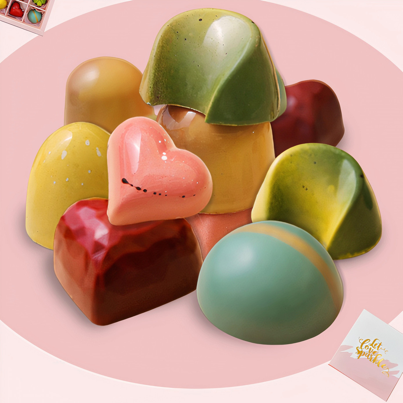 Những viên socola sắc màu với vị cherry, caramel mặn, mật ong vani, phúc bồn tử và trà nhài... được một cửa tiệm nhận đặt từ đầu tháng 2.