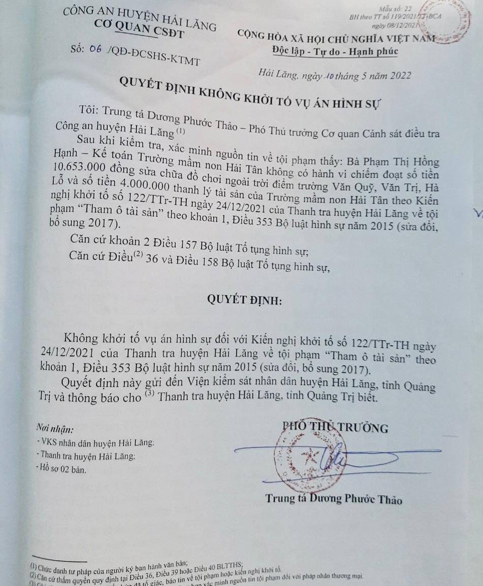 Công an huyện Hải Lăng kết luận bà Hạnh không tham ô tài sản.