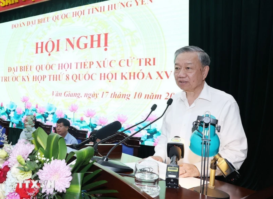 Tổng Bí thư, Chủ tịch nước Tô Lâm phát biểu tại hội nghị đại biểu Quốc hội tiếp xúc cử tri trước Kỳ họp thứ 8, Quốc hội khóa XV. Ảnh: Trí Dũng/ TTXVN Tổng Bí thư, Chủ tịch nước Tô Lâm phát biểu tại hội nghị đại biểu Quốc hội tiếp xúc cử tri trước Kỳ họp thứ 8, Quốc hội khóa XV. Ảnh: Trí Dũng/ TTXVN