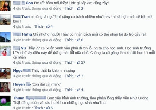 Những lời cảm phục thầy giáo Văn Như Cương của cộng đồng mạng. Ảnh: Chụp từ màn hình