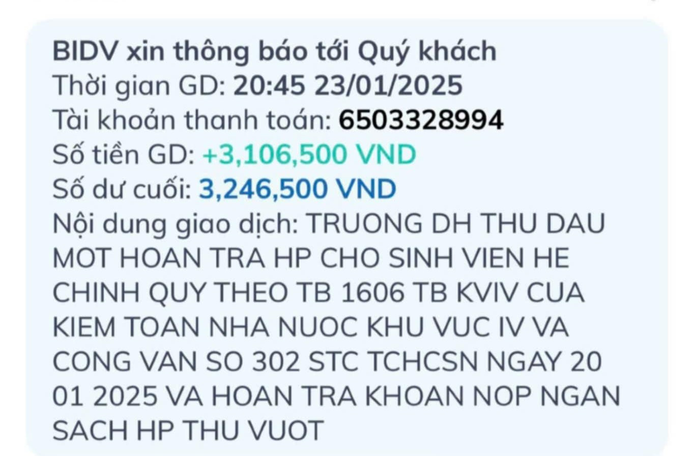 Tài khoản của sinh viên nhận được tiền từ nhà trường chuyển đến và nội dung chuyển tiền Tài khoản của sinh viên nhận được tiền từ nhà trường chuyển đến và nội dung chuyển tiền