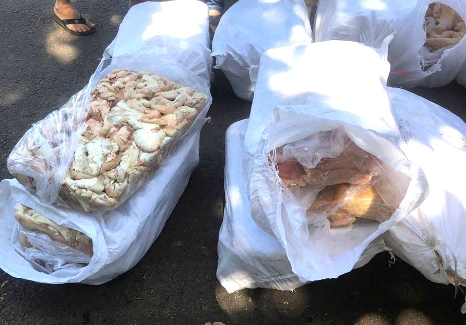 Thịt heo đã chuyển màu, bốc mùi hôi thối.