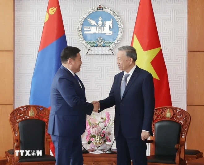 Tổng Bí thư, Chủ tịch nước Tô Lâm hội kiến Thủ tướng Mông Cổ Luvsannamsrain Oyun-Erdene. (Ảnh: Trí Dũng/TTXVN)