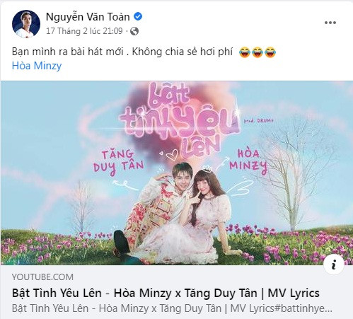 Trong khi đó, Văn Toàn lại thể hiện sự nhiệt tình bằng cách... share MV cho bạn thân. Trong khi đó, Văn Toàn lại thể hiện sự nhiệt tình bằng cách... share MV cho bạn thân.