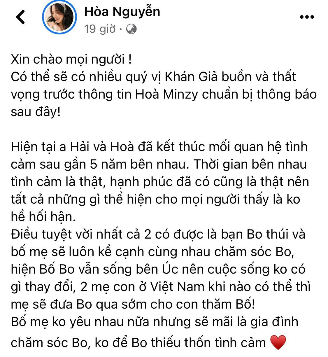 Nguyên văn chia sẻ của Hòa Minzy về việc "đường ai nấy đi" với thiếu gia Minh Hải.
