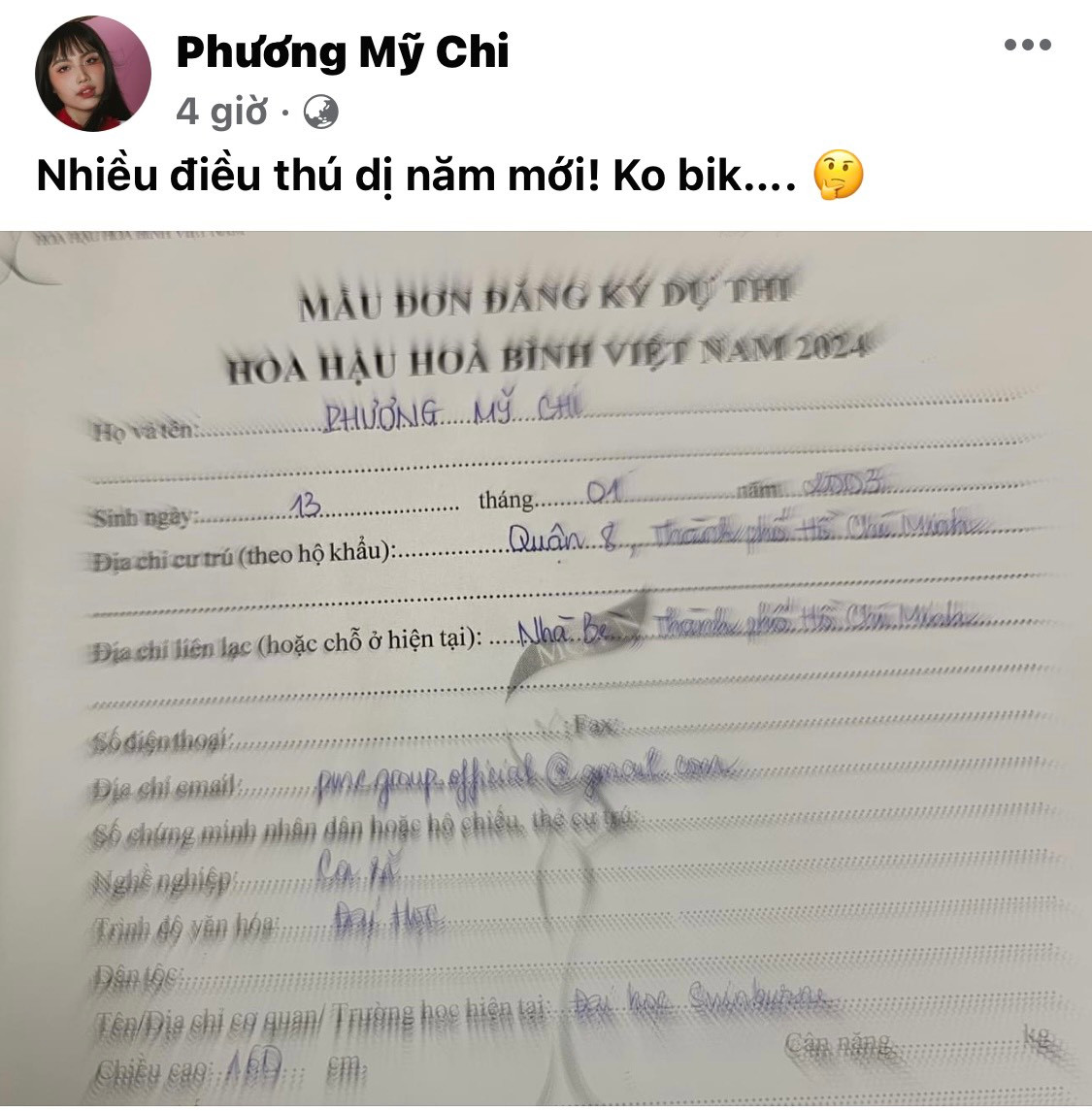 Phương Mỹ Chi từng chia sẻ giấy đăng ký dự thi Hoa hậu Hòa bình Việt Nam 2024.