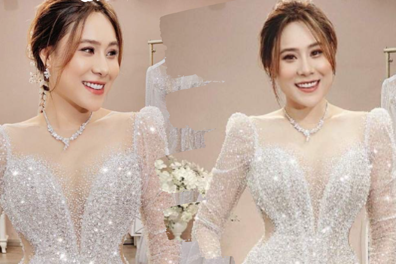 Cả hai bộ váy nữ diễn viên thử đều có thiết kế đính đá với phần tay bồng, dài tạo cảm giác cổ điển, thanh lịch.