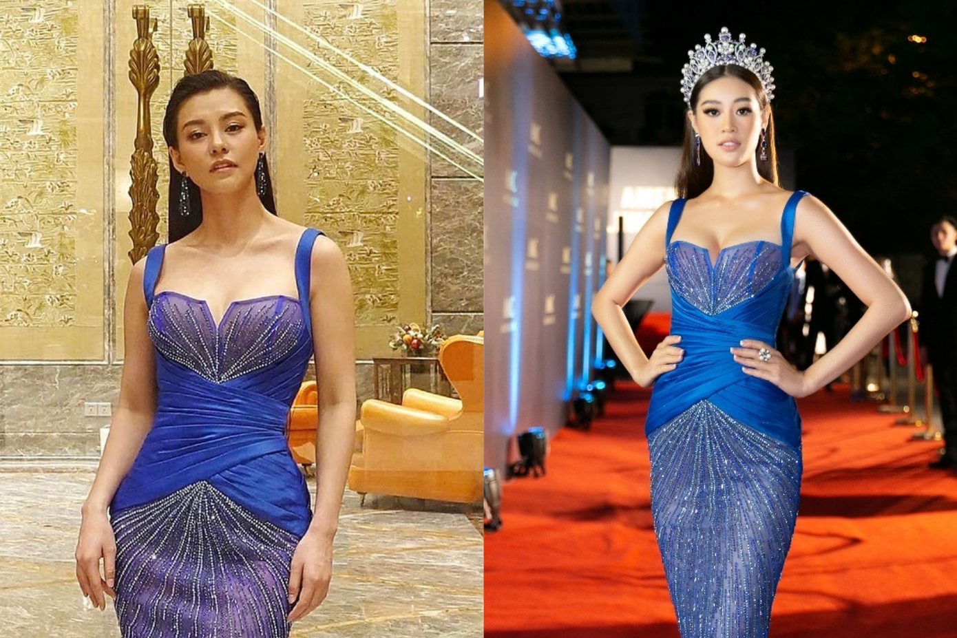 Kiểu tóc xõa cùng đầm xanh phối với bông tai dài và tông makeup sắc sảo của Bùi Lan Hương và Hoa hậu Khánh Vân đều trùng hợp đến khó tin.