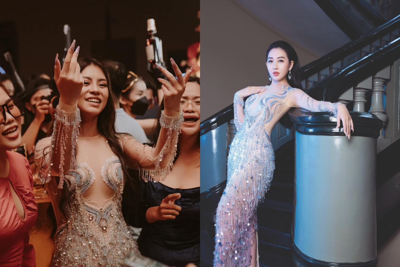 Nữ ca sĩ mặc cùng một thiết kế với hoa hậu Thúy Anh.