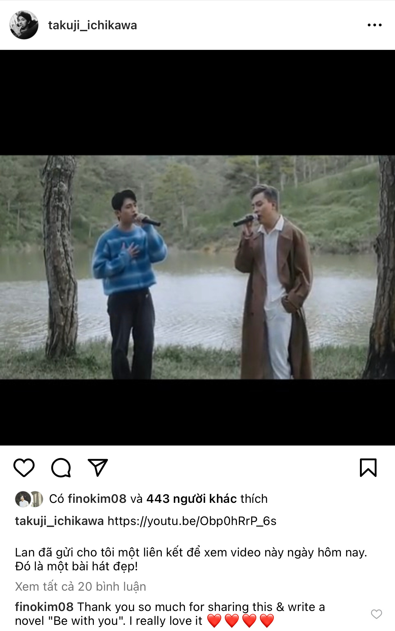 Hứa Kim Tuyền không giấu được sự xúc động khi nhà văn Takuji Ichikawa đăng tải hình ảnh của anh và GREY D, kèm theo link YouTube MV của nam nhạc sĩ.