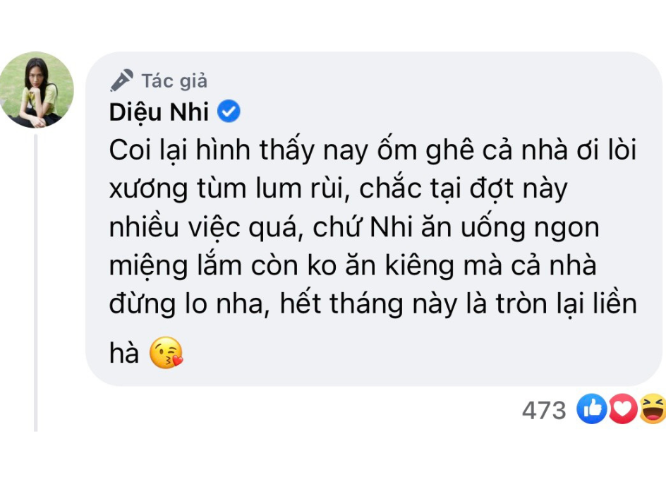 Diệu Nhi khẳng định bản thân không kiêng khem trong việc ăn uống mà hình ảnh có phần gầy hơn là do lịch trình bận rộn.