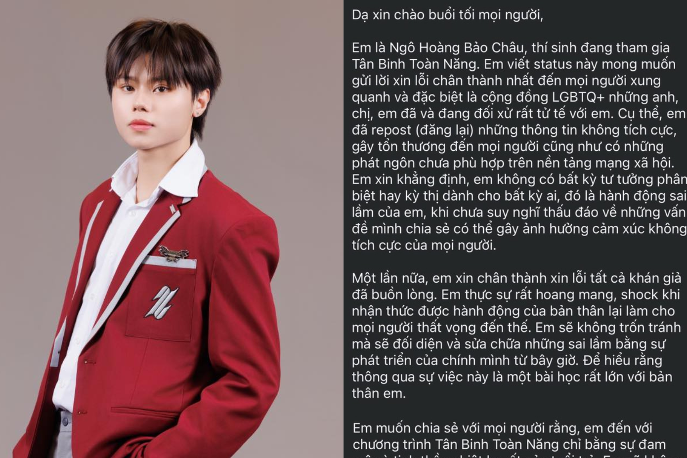 Bài đăng xin lỗi của Bảo Châu trên trang cá nhân.