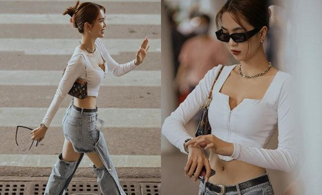 Mắt kính đen và túi xách đến từ những thương hiệu xa xỉ cũng là item không thể thiếu trong thời trang sân bay của người đẹp 8X.