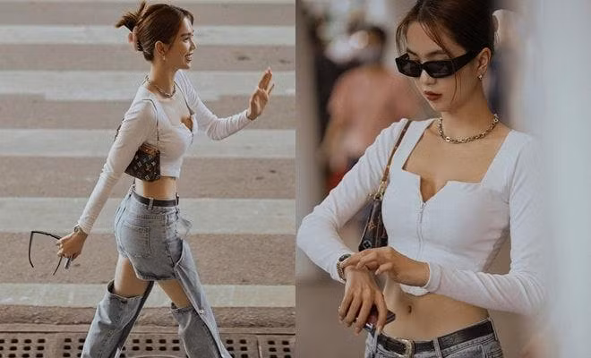 Mắt kính đen và túi xách đến từ những thương hiệu xa xỉ cũng là item không thể thiếu trong thời trang sân bay của người đẹp 8X.