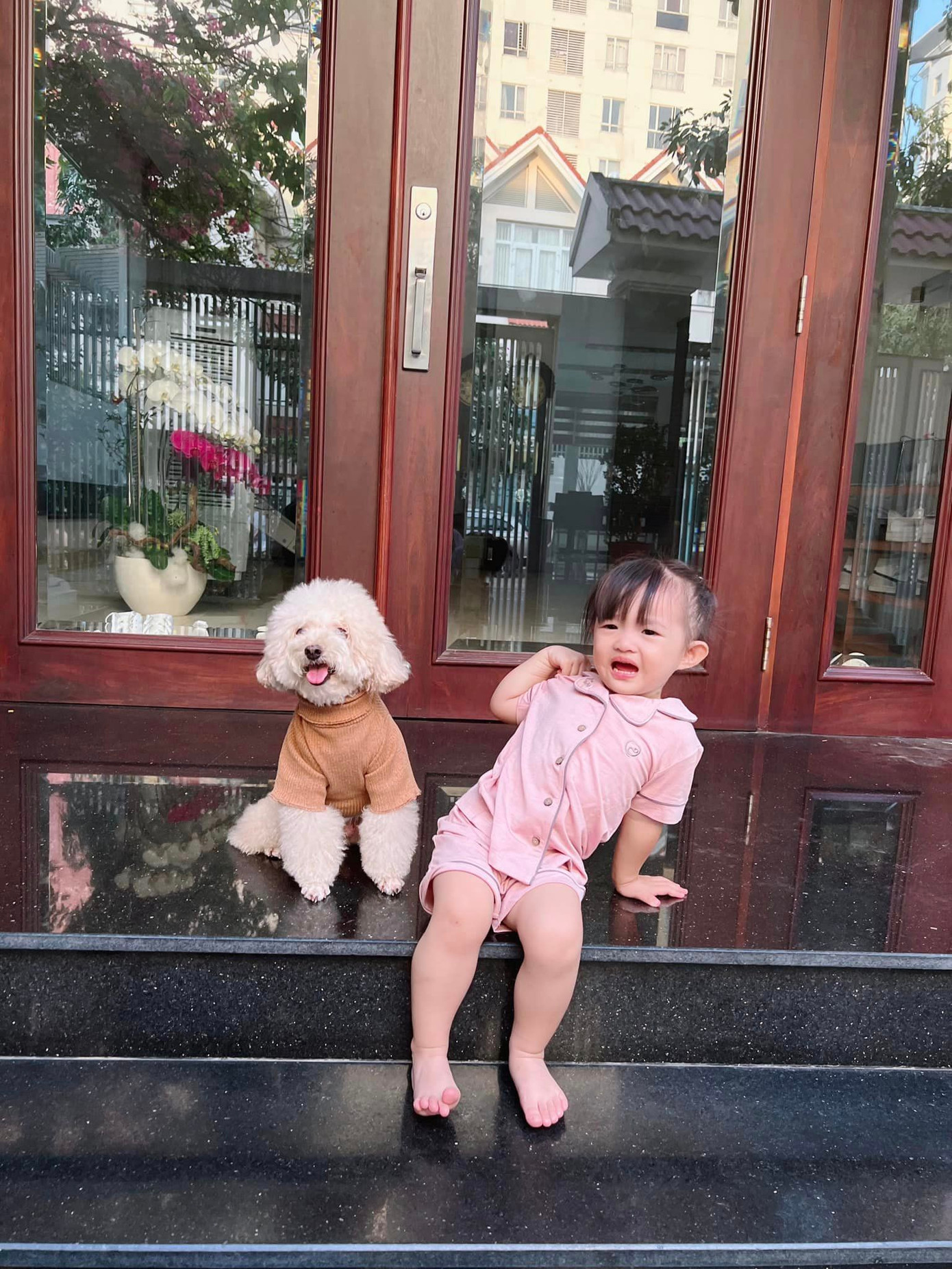 Nhóc tì sợ hãi khi chụp ảnh với cún cưng.