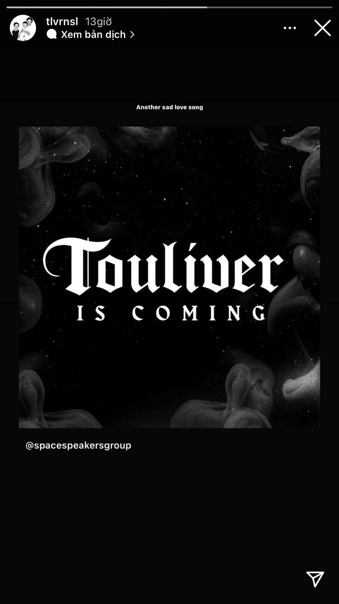 Touliver đăng tải poster kèm theo dòng trạng thái "Another sad love song". Touliver đăng tải poster kèm theo dòng trạng thái "Another sad love song".
