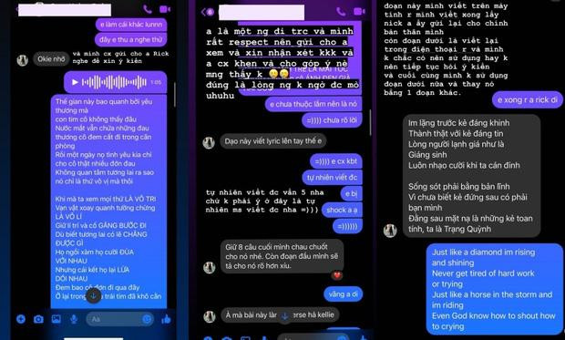 Có thể thấy trong đoạn tin nhắn, không chỉ là đoạn lyrics mà còn có thu âm của Kellie được gửi cho đàn anh.