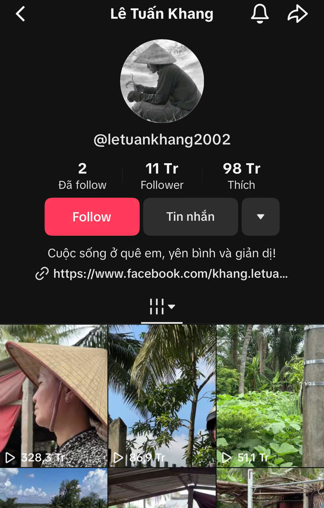 Lượng tương tác trên kênh TikTok của Lê Tuấn Khang hiện tại.