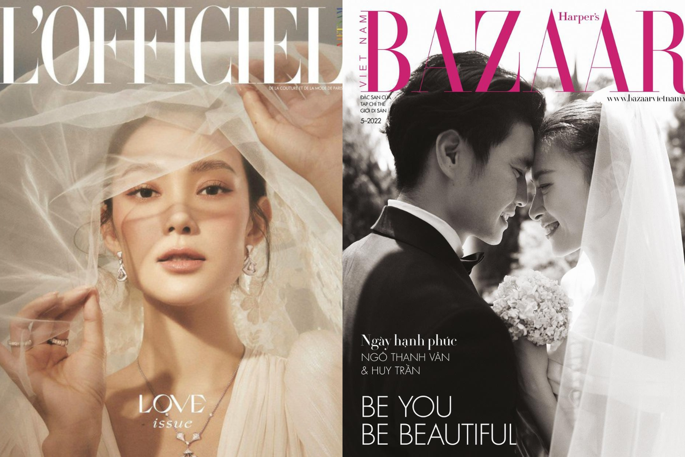 Cả hai mỹ nhân đều xuất hiện lung linh trong trang phục cô dâu trên bìa tạp chí danh tiếng.