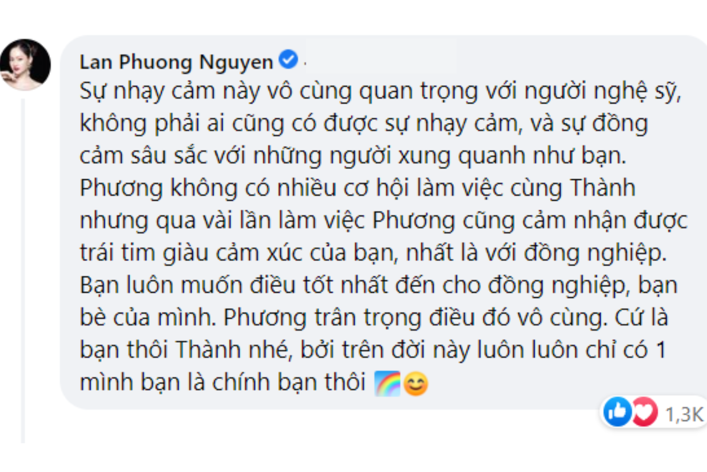 Diễn viên Lan Phương cũng thể hiện sự ủng hộ đối với những chia sẻ của MC Trấn Thành.
