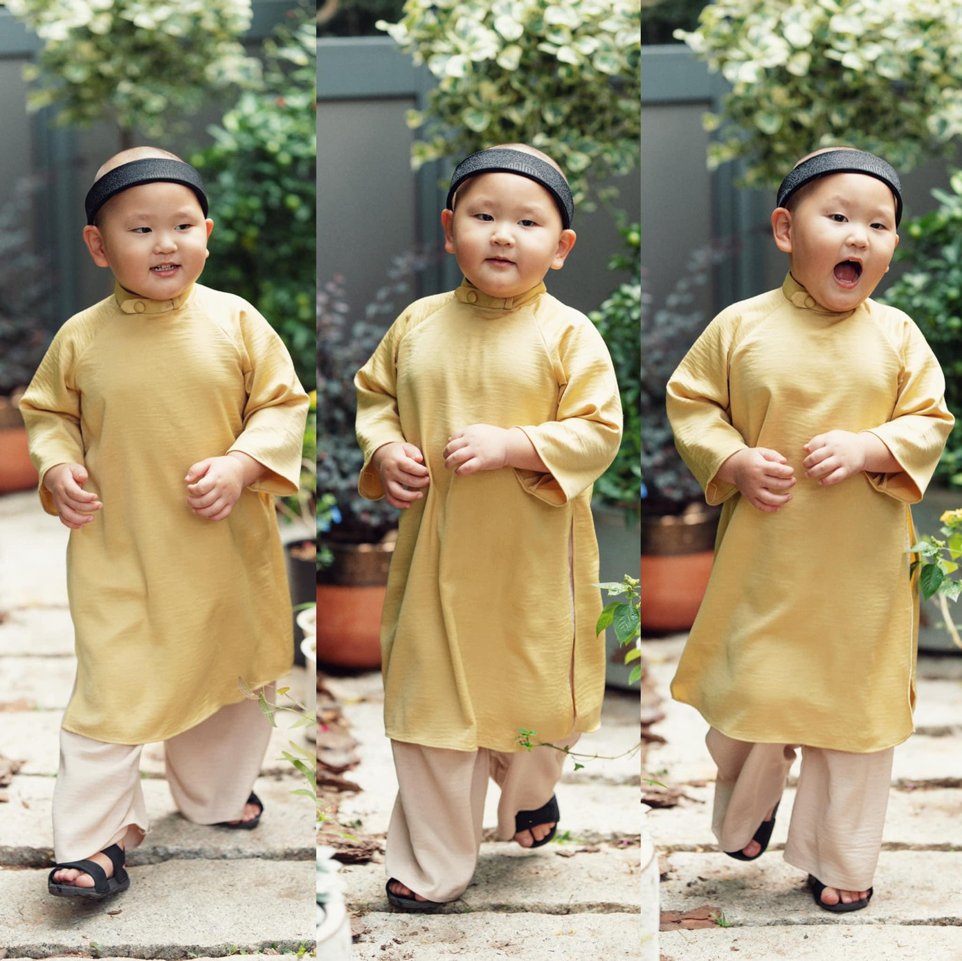 Hayden đội mấn đen, mặc áo dài vàng rực. Hayden đội mấn đen, mặc áo dài vàng rực.