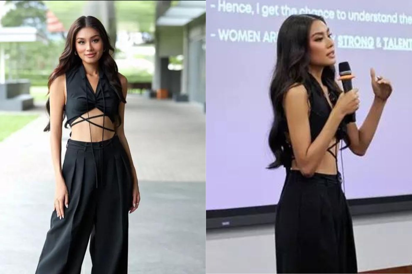 Thảo Nhi Lê chọn crop-top có cắt xẻ ở phần eo kết hợp với quần ống suông tôn dáng.