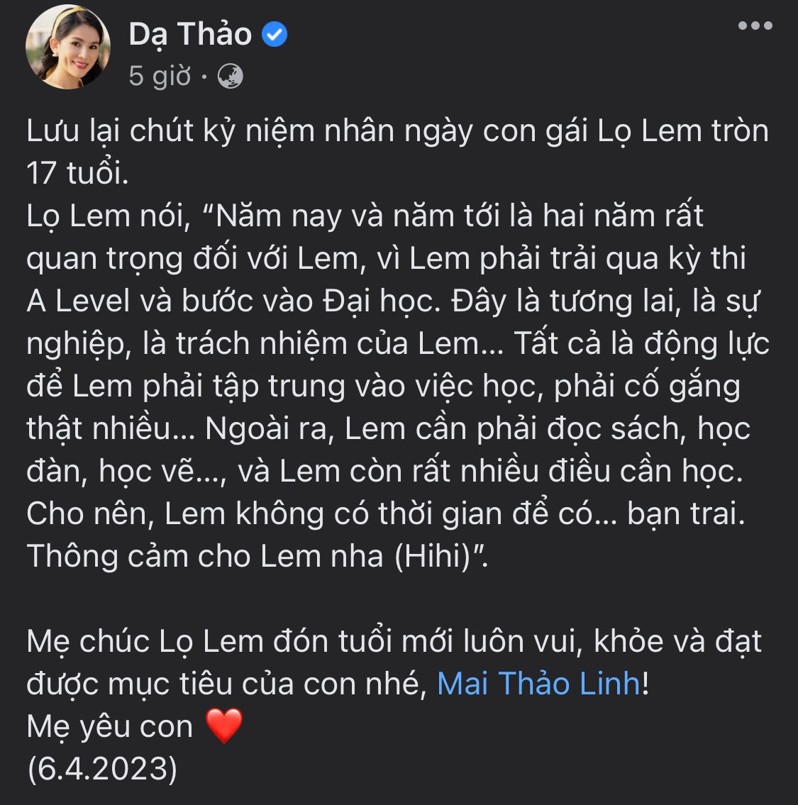 Dạ Thảo tiết lộ loạt câu chuyện đáng yêu của con gái vào dịp sinh nhật. Dạ Thảo tiết lộ loạt câu chuyện đáng yêu của con gái vào dịp sinh nhật.