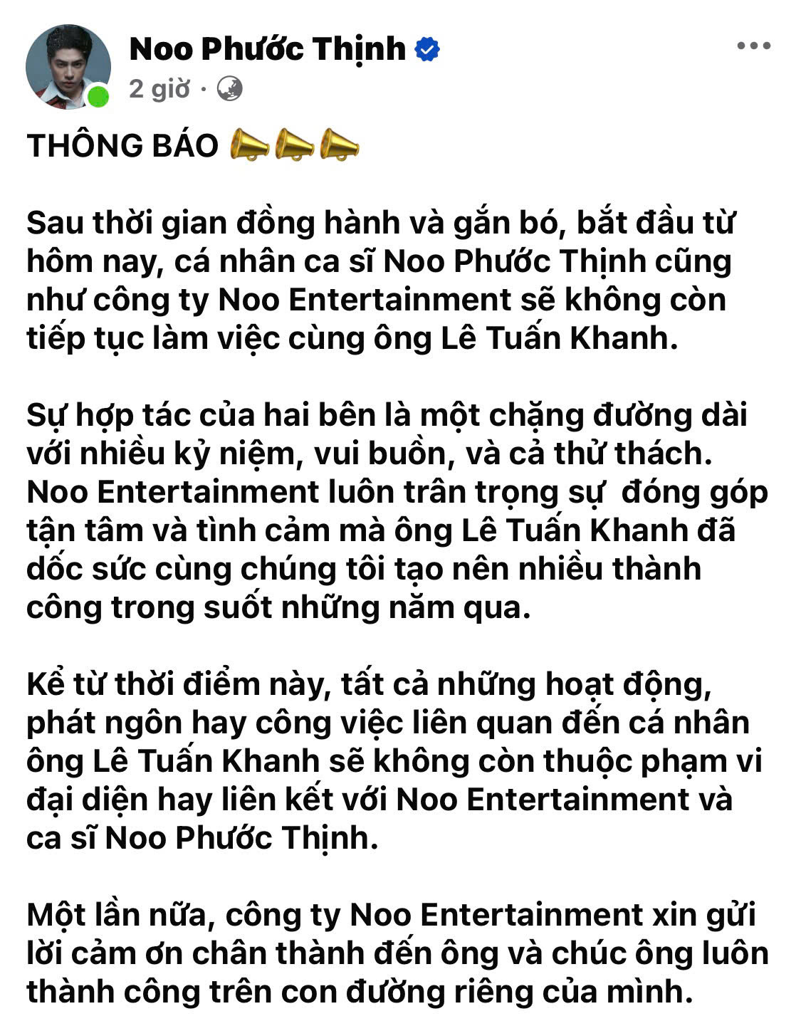 Thông báo dừng hợp tác chính thức của Noo Phước Thịnh. Nguồn ảnh: FBNV.